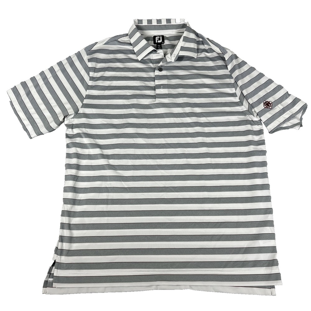 Footjoy FJ Men's Golf Polo Size Large White Gray‎ Stripes Embroidered Stretch